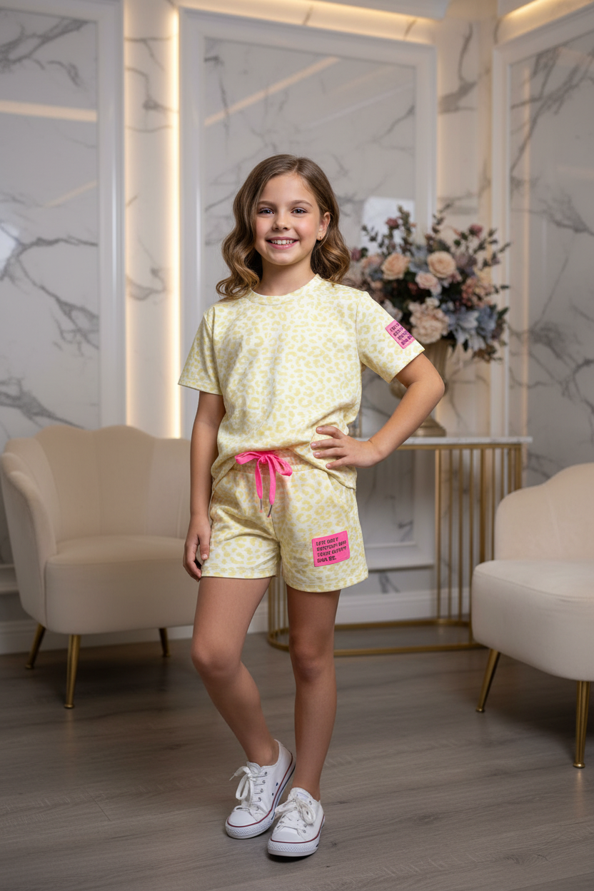 Meisjes gele luipaardprint set met T-shirt en short met roze patch - model 1 - luxe interieur | DeNa Fashion