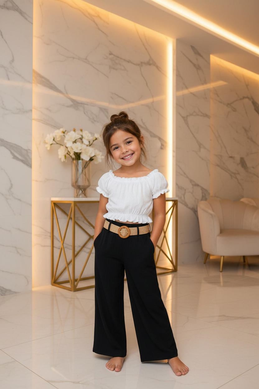 Meisjes zwart-wit zomerset met wide-leg broek en beige riem - model 1 - luxe interieur | DeNa Fashion