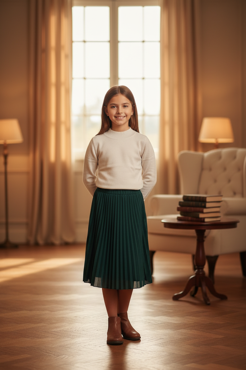 Beige gebreide trui meisjes met gouden knopen - groene rok - indoor | DeNa Fashion
