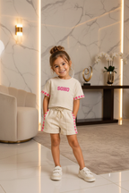 Meisjes beige SOHO set met fuchsia hartjes details - model 1 - luxe interieur | DeNa Fashion