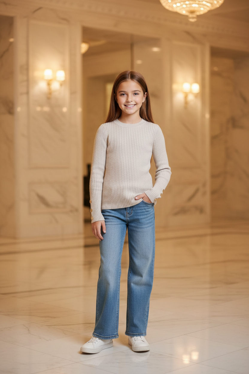 Beige ribgebreide trui meisjes met gouden knopen - wide leg jeans - luxe interieur | DeNa Fashion
