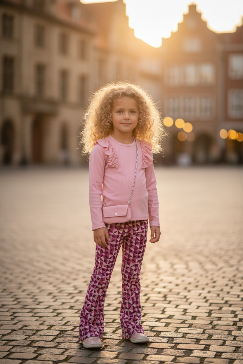 Meisjes flared broek roze geometrische print met roze ribstof top lifestyle blond krullend meisje 6 jaar stadsplein