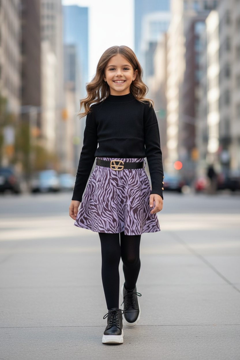 Lila zebraprint rok meisjes met riem - zwart shirt - urban straat | DeNa Fashion