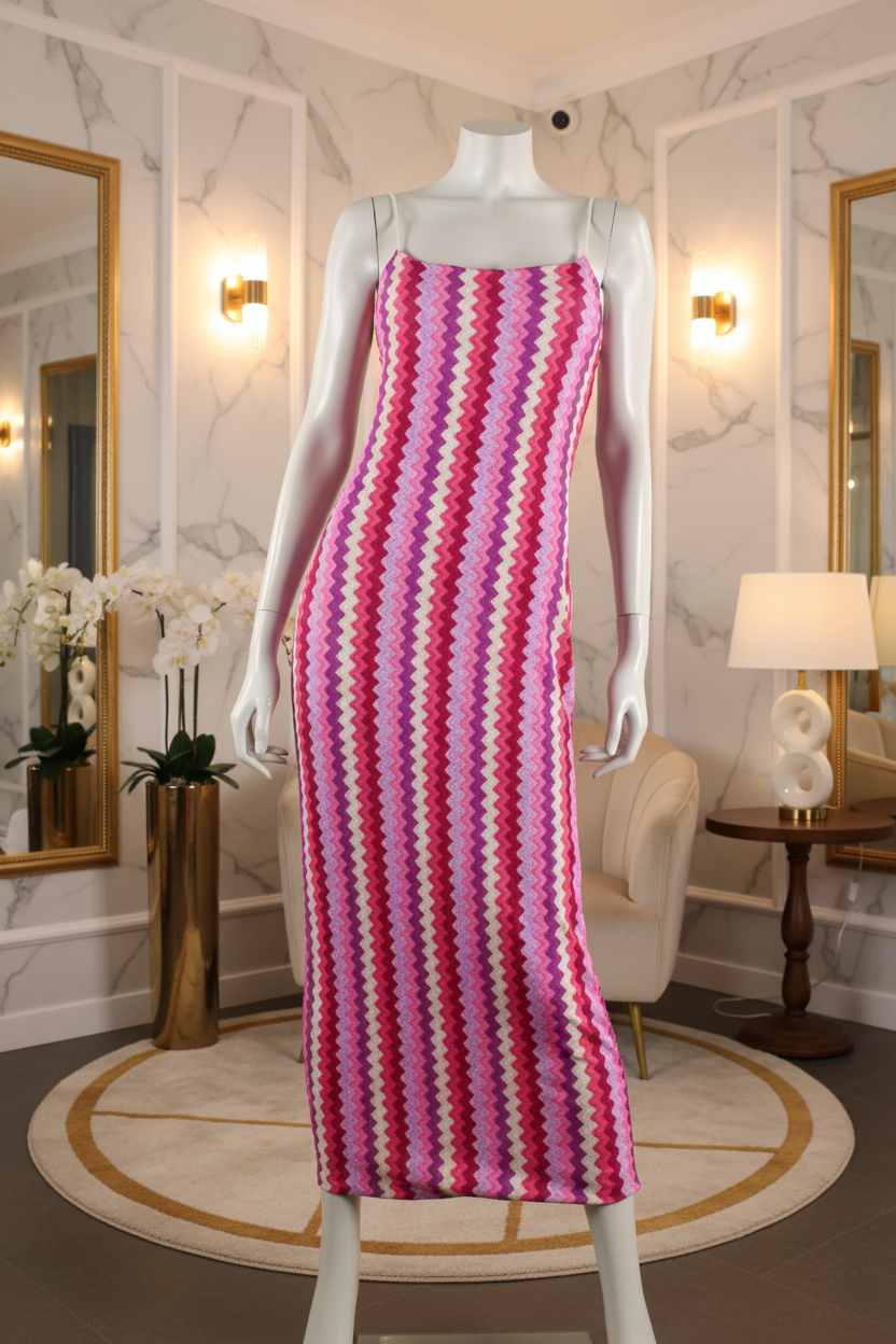 Dames roze maxi jurk met zigzag chevron print en spaghettibandjes — stijlvolle zomerjurk voor dames in luxe interieur, Rimini maxi jurk roze