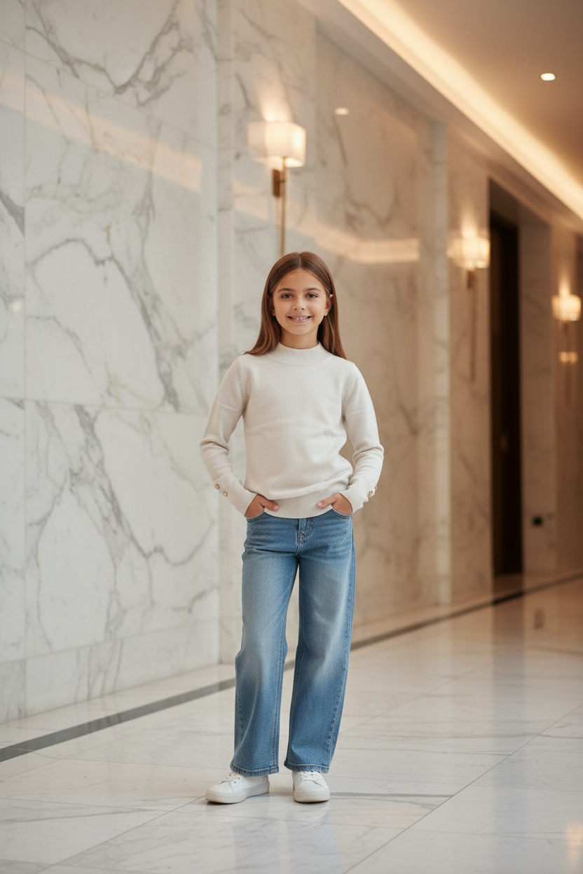 Beige gebreide trui meisjes met gouden knopen - wide leg jeans - luxe interieur | DeNa Fashion