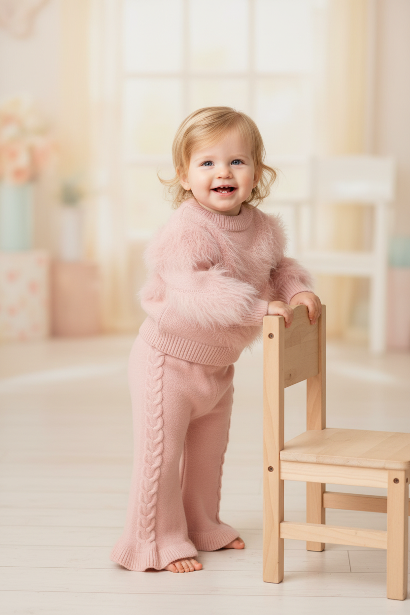 Roze gebreid babysetje met fluffy trui en kabelgebreide flared broek - babymodel 18 maanden staand | DeNa Fashion