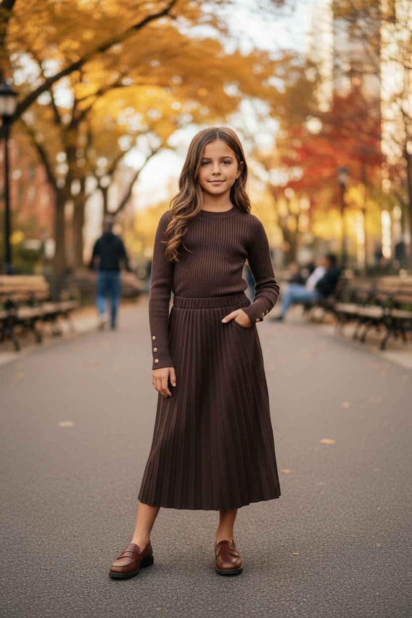 Choco ribgebreide trui meisjes met gouden knopen - bruine midi rok - urban | DeNa Fashion