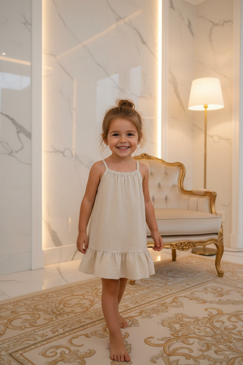 Meisjes beige linnen jurk met spaghettibandjes en ruche zoom - model 1 - luxe interieur | DeNa Fashion