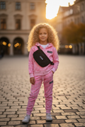 Roze ICON trainingspak lifestyle meisje 6 jaar blond krullend haar stadsplein met heuptas