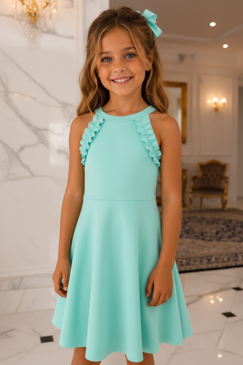 Meisjes aqua halter zomerjurk met ruches en strik - model 2 - luxe interieur | DeNa Fashion