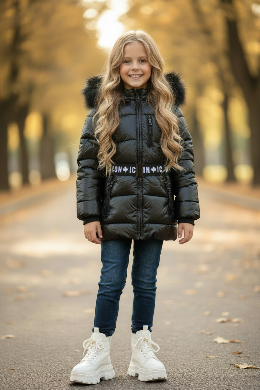 Meisje in glanzende zwarte ICON winterjas met bontkraag en platform sneakers, lifestyle bokeh achtergrond - DeNa Fashion