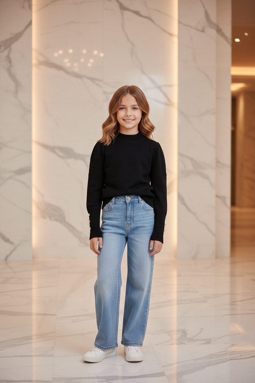 Zwarte gebreide trui meisjes met gouden knopen - wide leg jeans - luxe interieur | DeNa Fashion