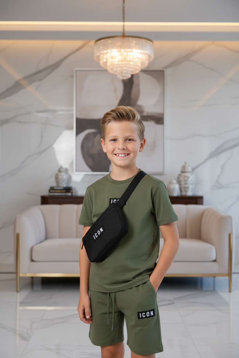 Jongens groene ICON zomerset met crossbody tas - model 3 - luxe interieur | DeNa Fashion
