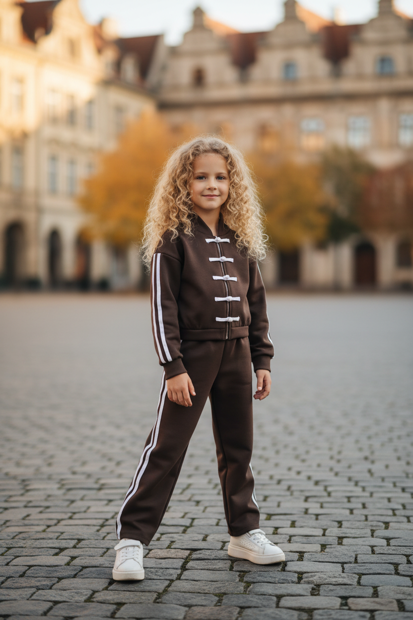 Meisjes set bruin Chinese knoopsluiting lifestyle blond krullend meisje 6 jaar stadsplein