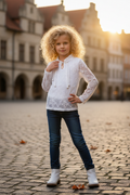 Meisjes blouse wit kant lifestyle blond krullend meisje 6 jaar stadsplein