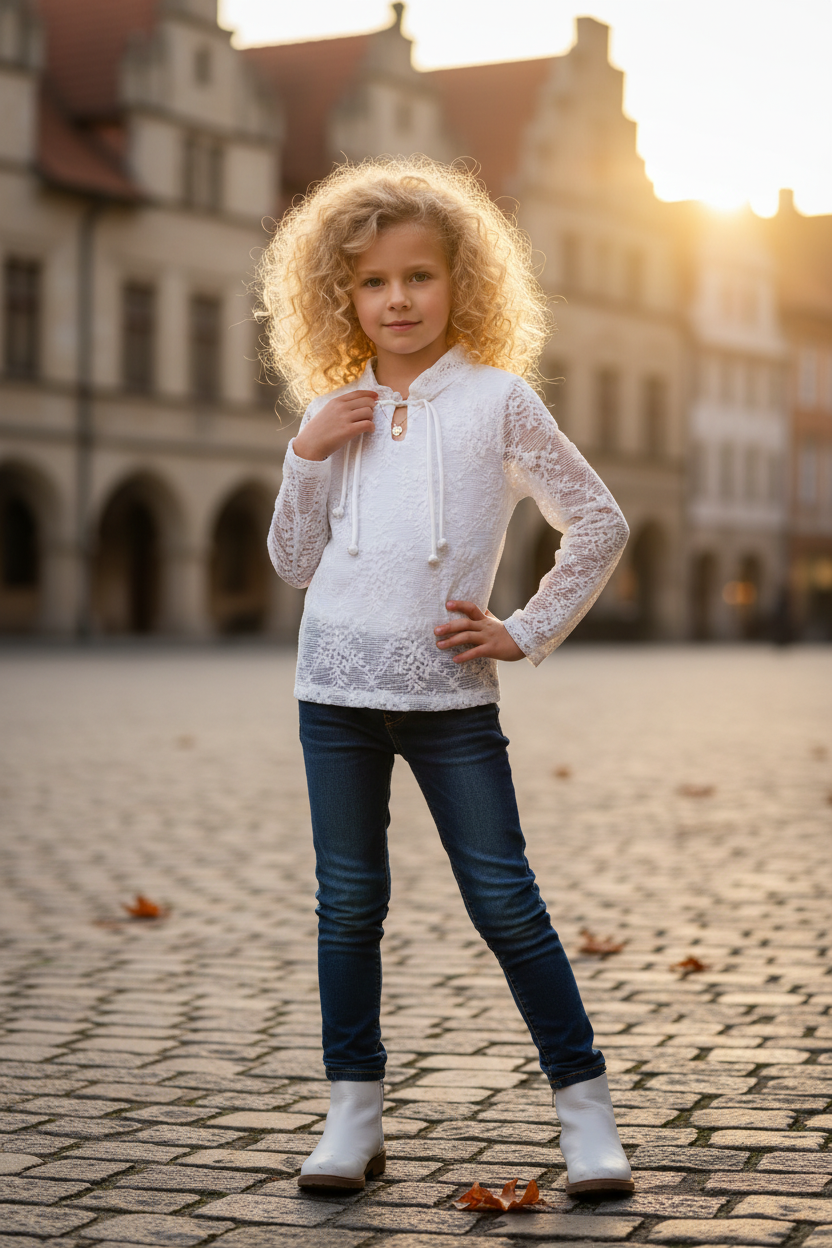 Meisjes blouse wit kant lifestyle blond krullend meisje 6 jaar stadsplein