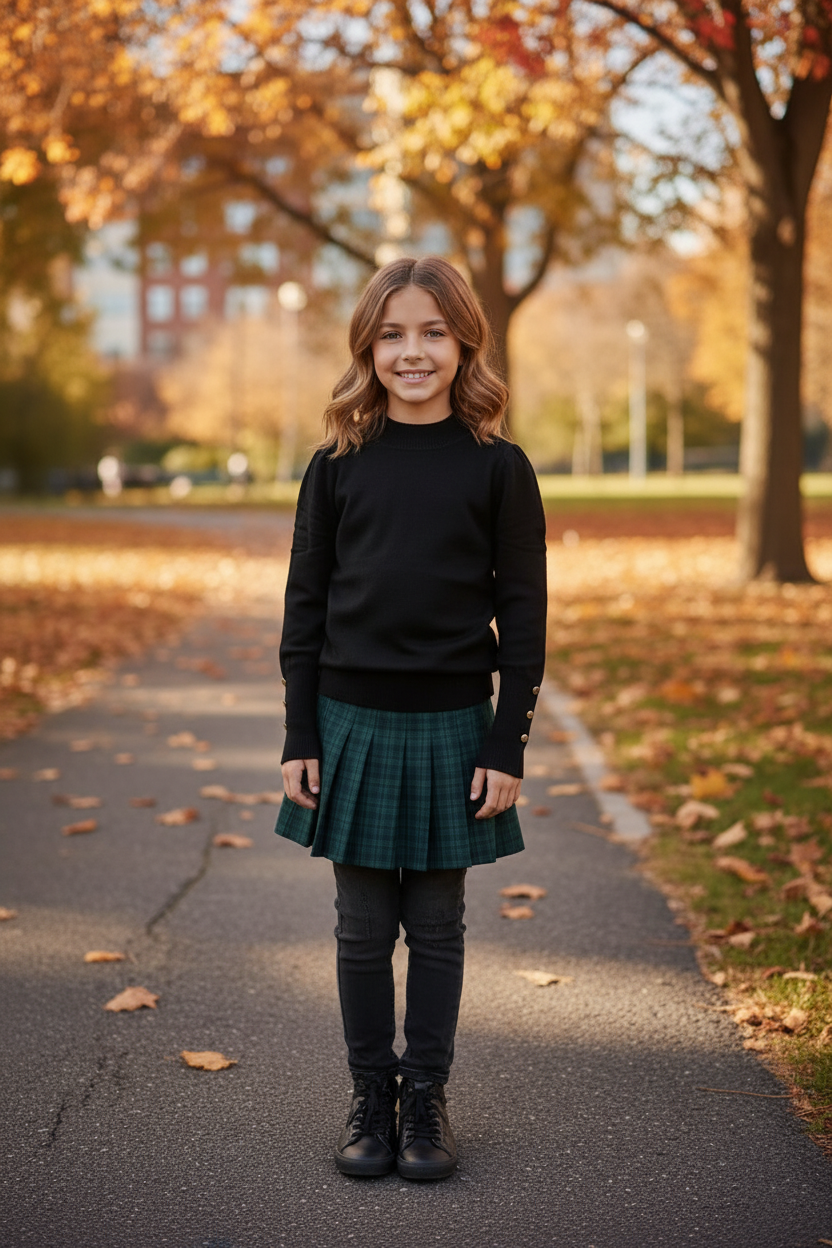 Zwarte gebreide trui meisjes met gouden knopen - groene geruite rok - herfstpark | DeNa Fashion