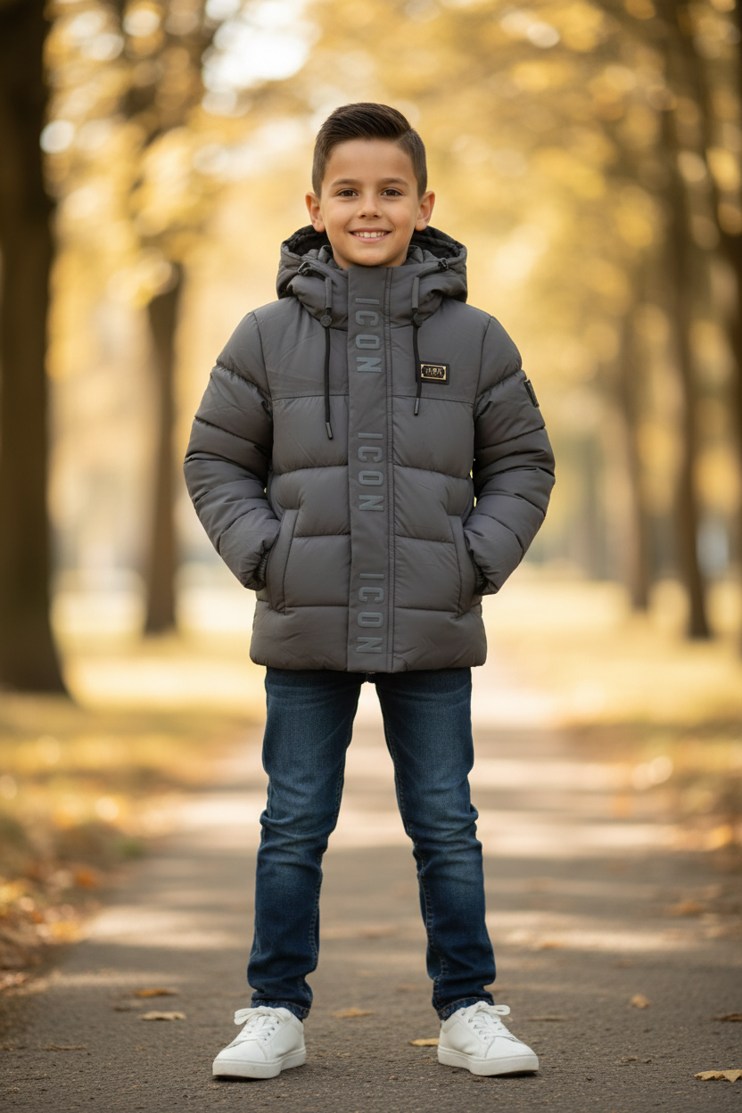 Jongen in donkergrijze ICON gewatteerde winterjas met capuchon en donkerblauwe jeans, lifestyle bokeh achtergrond - DeNa Fashion
