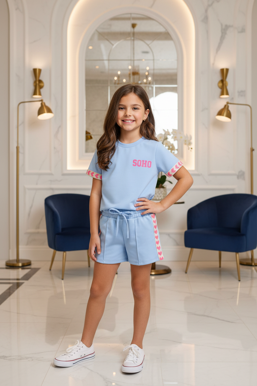 Meisjes SOHO lichtblauwe zomerset met T-shirt en short met roze hartjes tape - model 1 - luxe interieur | DeNa Fashion