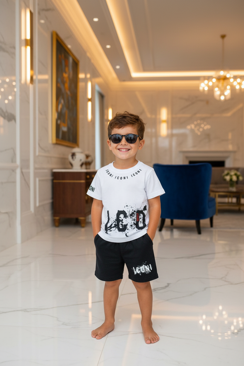 Jongens ICON wit-zwart zomerset met T-shirt en short - model 3 - luxe interieur | DeNa Fashion