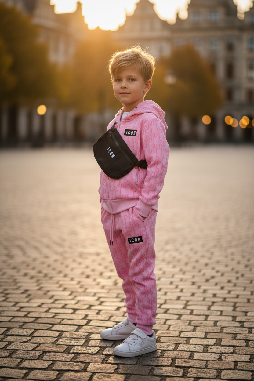 Roze ICON trainingspak lifestyle jongen 6 jaar blond kort haar stadsplein met heuptas