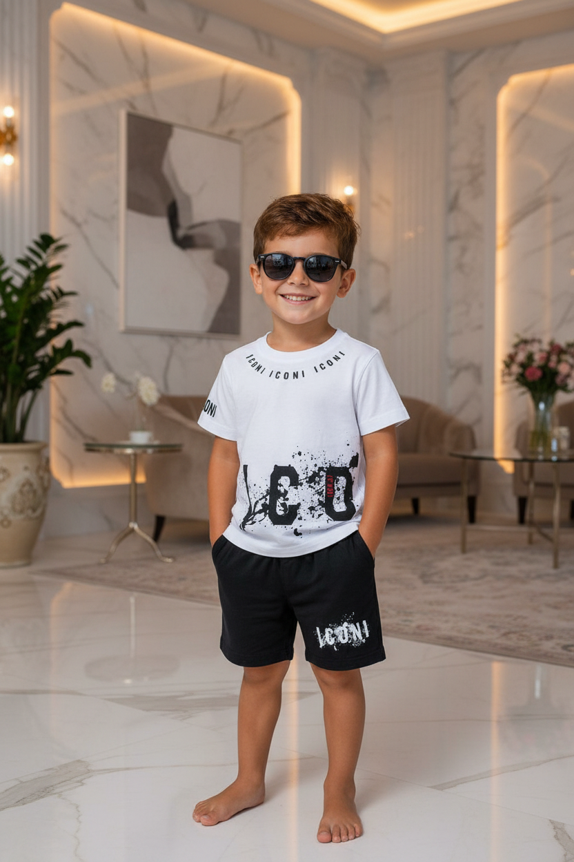 Jongens ICON wit-zwart zomerset met T-shirt en short - model 1 - luxe interieur | DeNa Fashion