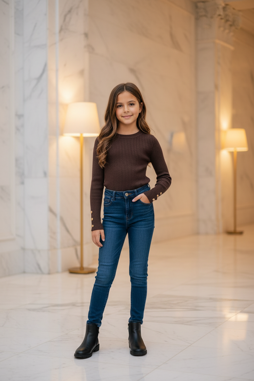 Choco ribgebreide trui meisjes met gouden knopen - donkerblauwe skinny jeans - luxe interieur | DeNa Fashion