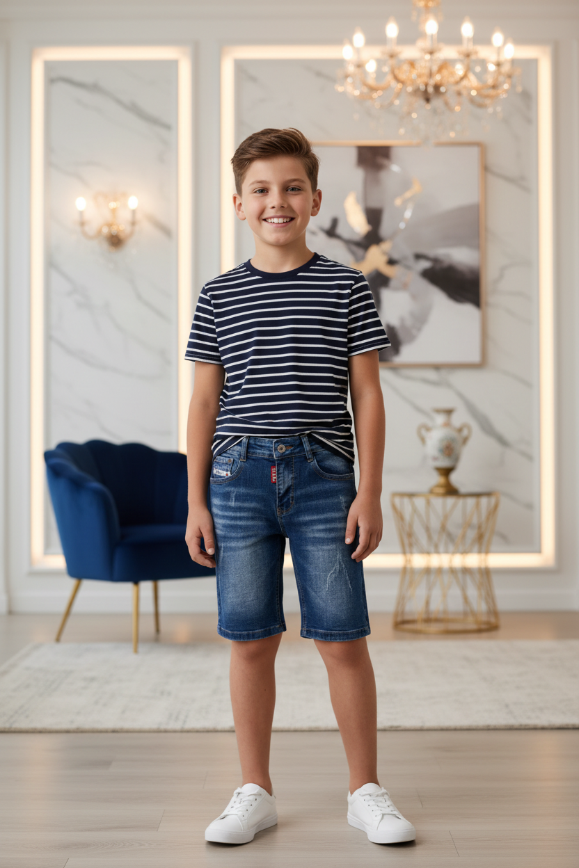 Jongens donkerblauwe slim fit spijkerbroek met navy gestreept shirt - luxe interieur | DeNa Fashion