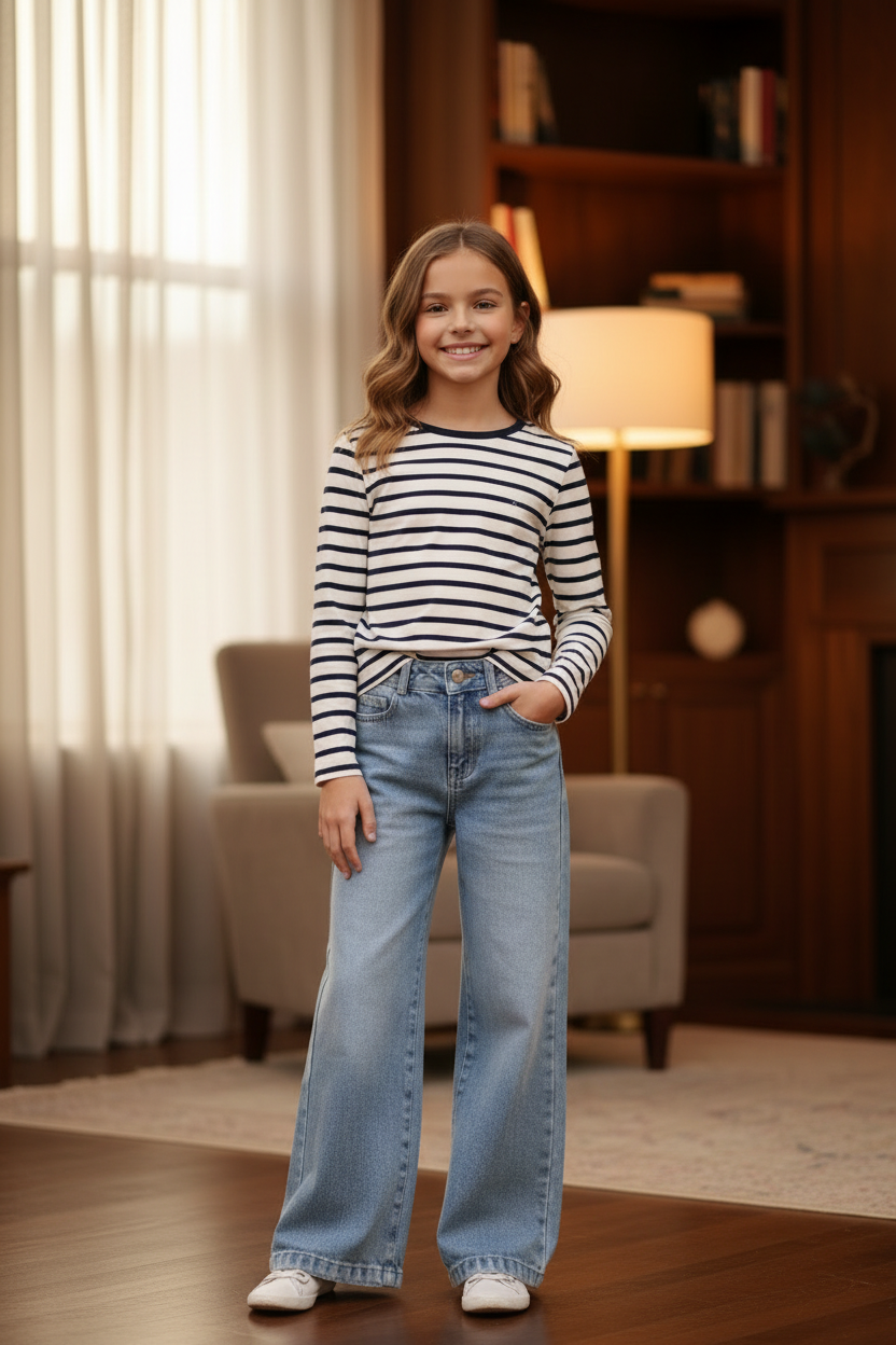 Meisjes lichtblauwe wide leg jeans met gestreept shirt - indoor | DeNa Fashion