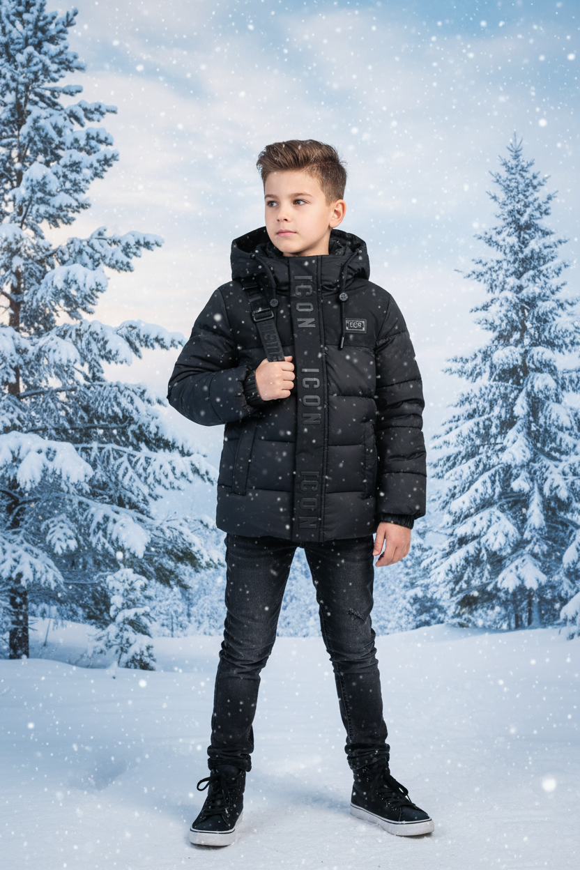 Jongens ICON zwarte gewatteerde winterjas met capuchon en ICON logo band - winterse achtergrond | DeNa Fashion