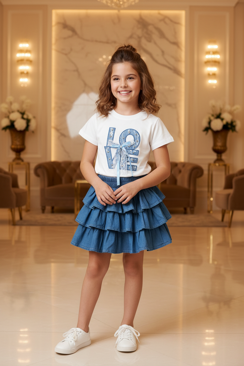 Meisjes LOVE wit T-shirt met denim letters en gelaagde denim broekrok - model 12 jaar - luxe interieur | DeNa Fashion