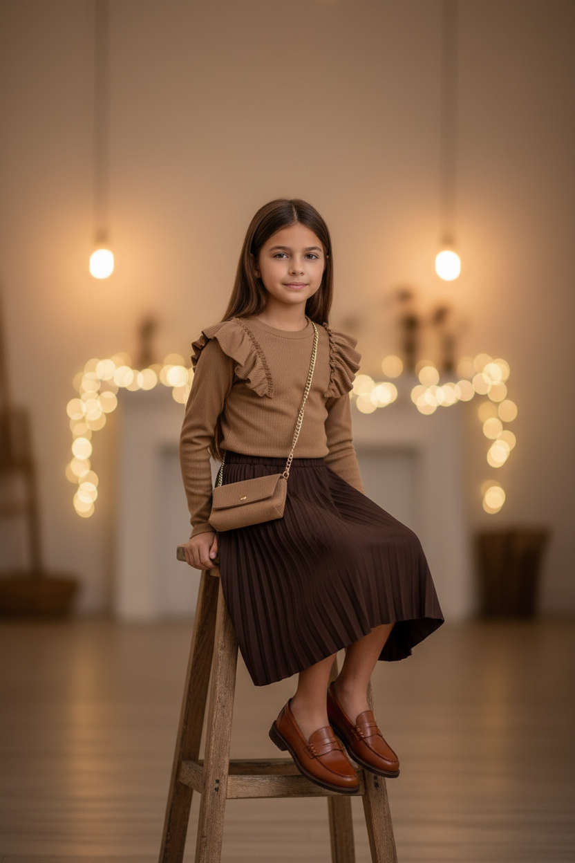 Camel ribtrui meisjes met ruches en kettingtasje - bruine rok - indoor | DeNa Fashion