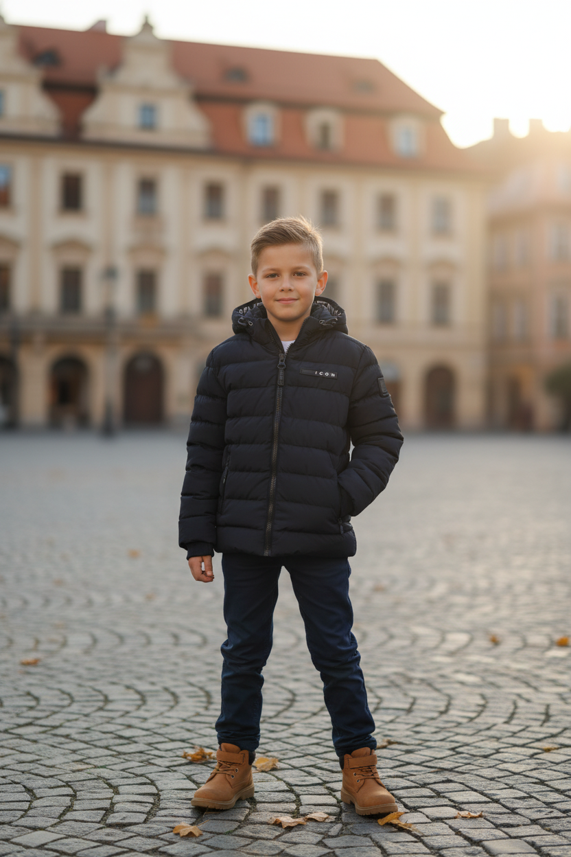 ICON gewatteerde winterjas jongens 6 jaar lifestyle fotografie Europees stadsplein