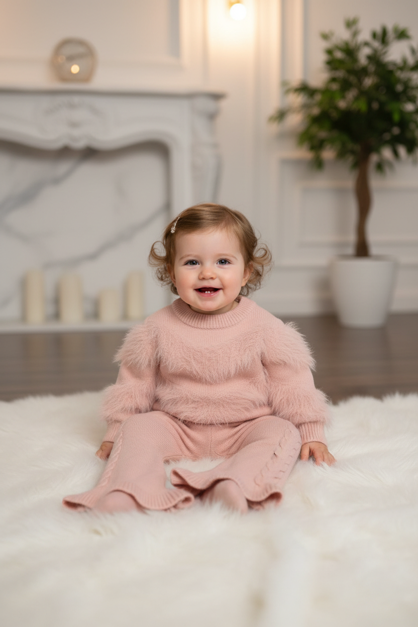 Roze gebreid babysetje met fluffy trui en kabelgebreide flared broek - babymodel 12 maanden - luxe interieur | DeNa Fashion