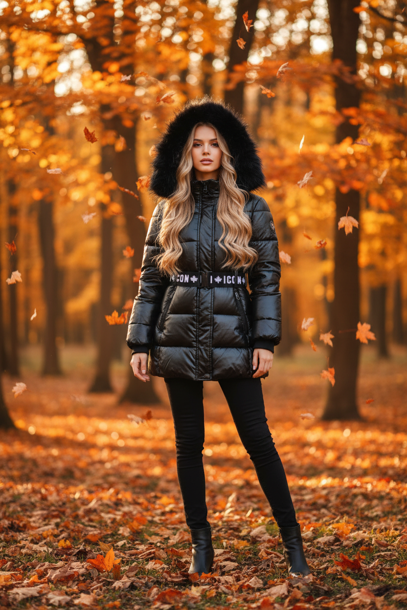 Meisjes ICON glanzende zwarte winterjas met bontkraag en ICON riem - herfst achtergrond | DeNa Fashion