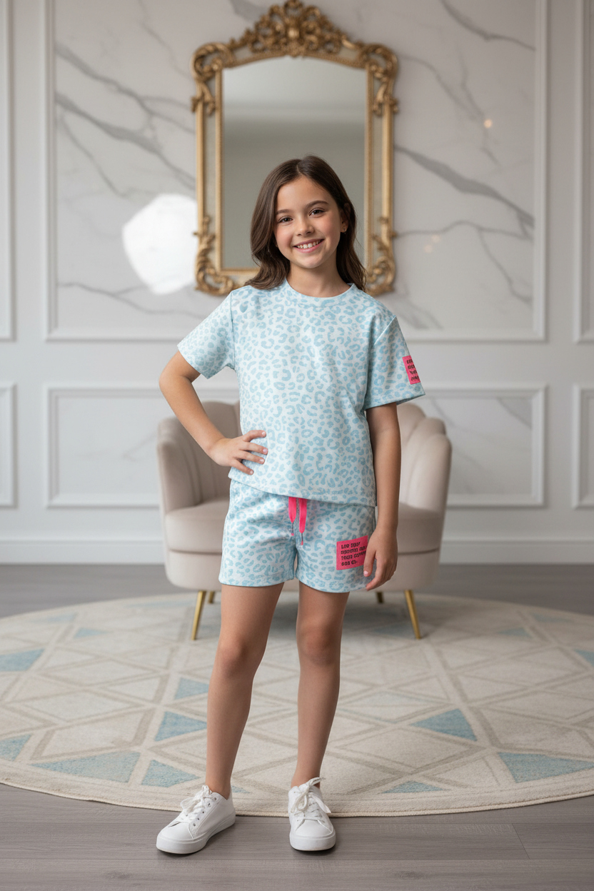 Meisjes lichtblauwe luipaardprint set met T-shirt en short met roze patch - model 1 - luxe interieur | DeNa Fashion