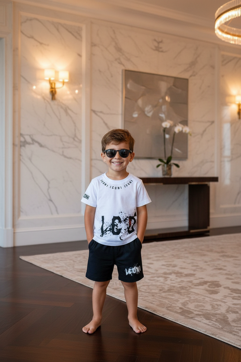 Jongens ICON wit-zwart zomerset met T-shirt en short - model 2 - luxe interieur | DeNa Fashion