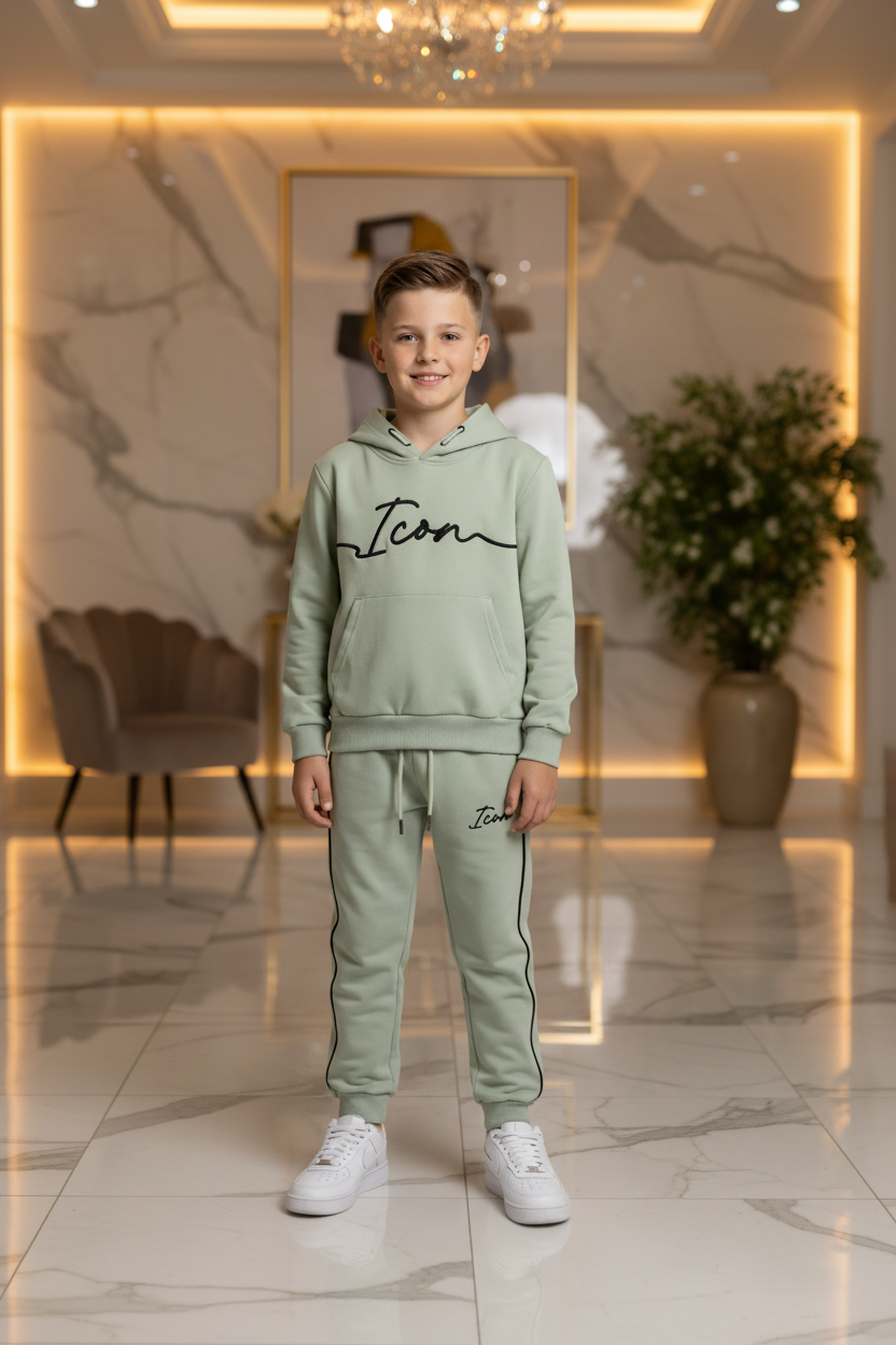 Jongens ICON groene joggingset met hoodie en broek met zwarte strepen - model 2 - luxe interieur | DeNa Fashion