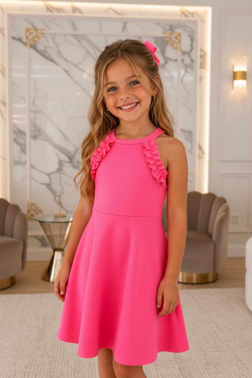 Meisjes roze halter zomerjurk met ruches en strik - model 3 - luxe interieur | DeNa Fashion