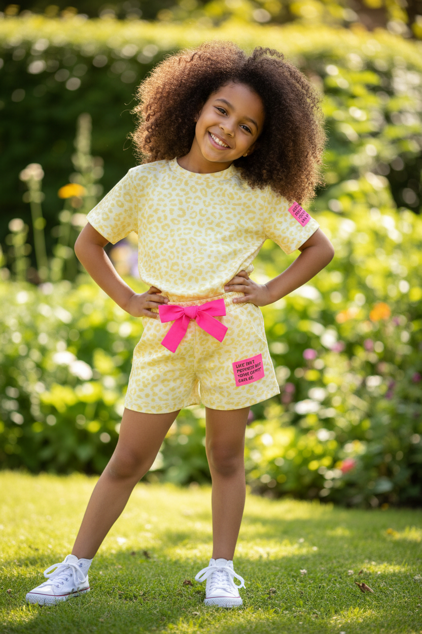 Meisjes gele luipaardprint set met T-shirt en short met roze patch - model 2 - tuin achtergrond | DeNa Fashion