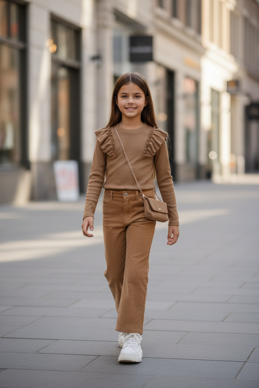 Camel ribtrui meisjes met ruches en kettingtasje - camel wide leg broek - urban | DeNa Fashion