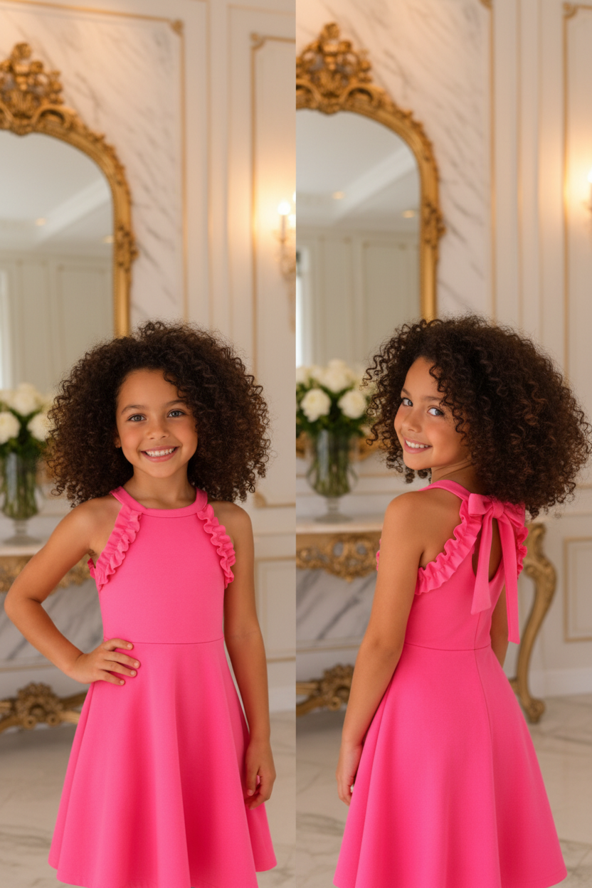 Meisjes roze halter zomerjurk met ruches en strik - model 2 - luxe interieur | DeNa Fashion