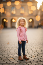Meisjes top roze ribstof ruches lifestyle blond krullend meisje 6 jaar stadsplein met kettingtasje