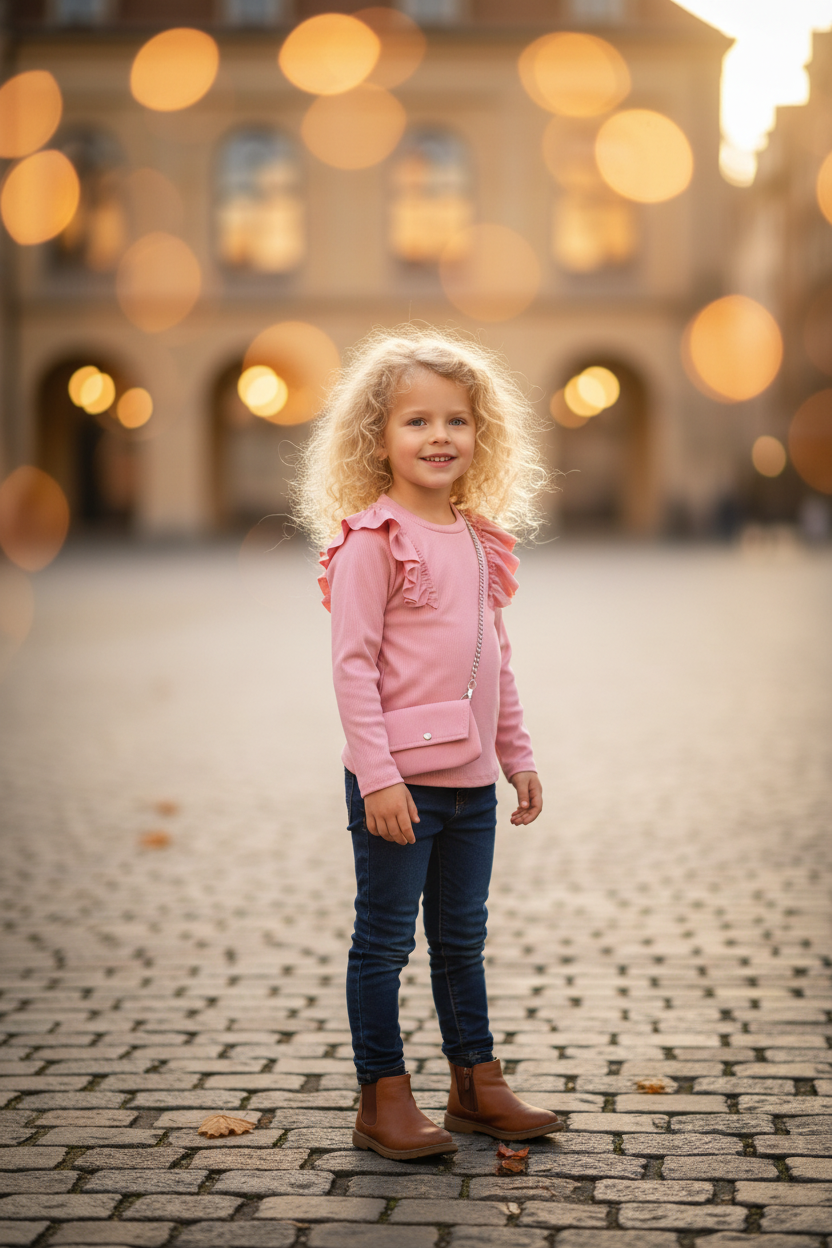 Meisjes top roze ribstof ruches lifestyle blond krullend meisje 6 jaar stadsplein met kettingtasje