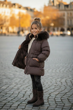 Sophia Luxe gewatteerde winterjas donkerbruin meisjes voering binnenkant zichtbaar