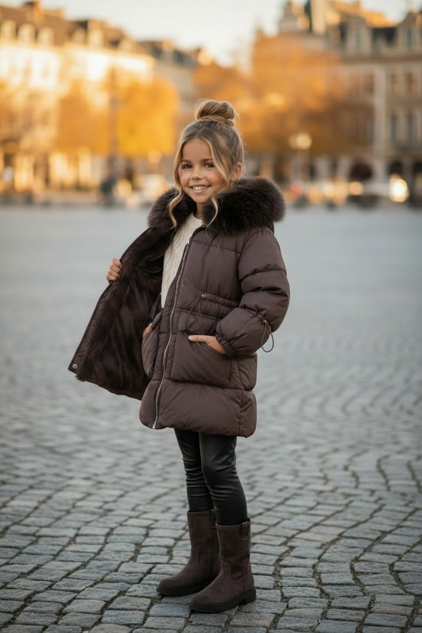 Sophia Luxe gewatteerde winterjas donkerbruin meisjes voering binnenkant zichtbaar