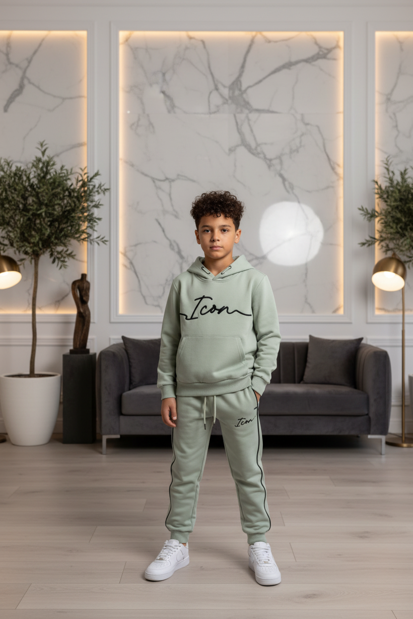Jongens ICON groene joggingset met hoodie en broek met zwarte strepen - model 3 - luxe interieur | DeNa Fashion