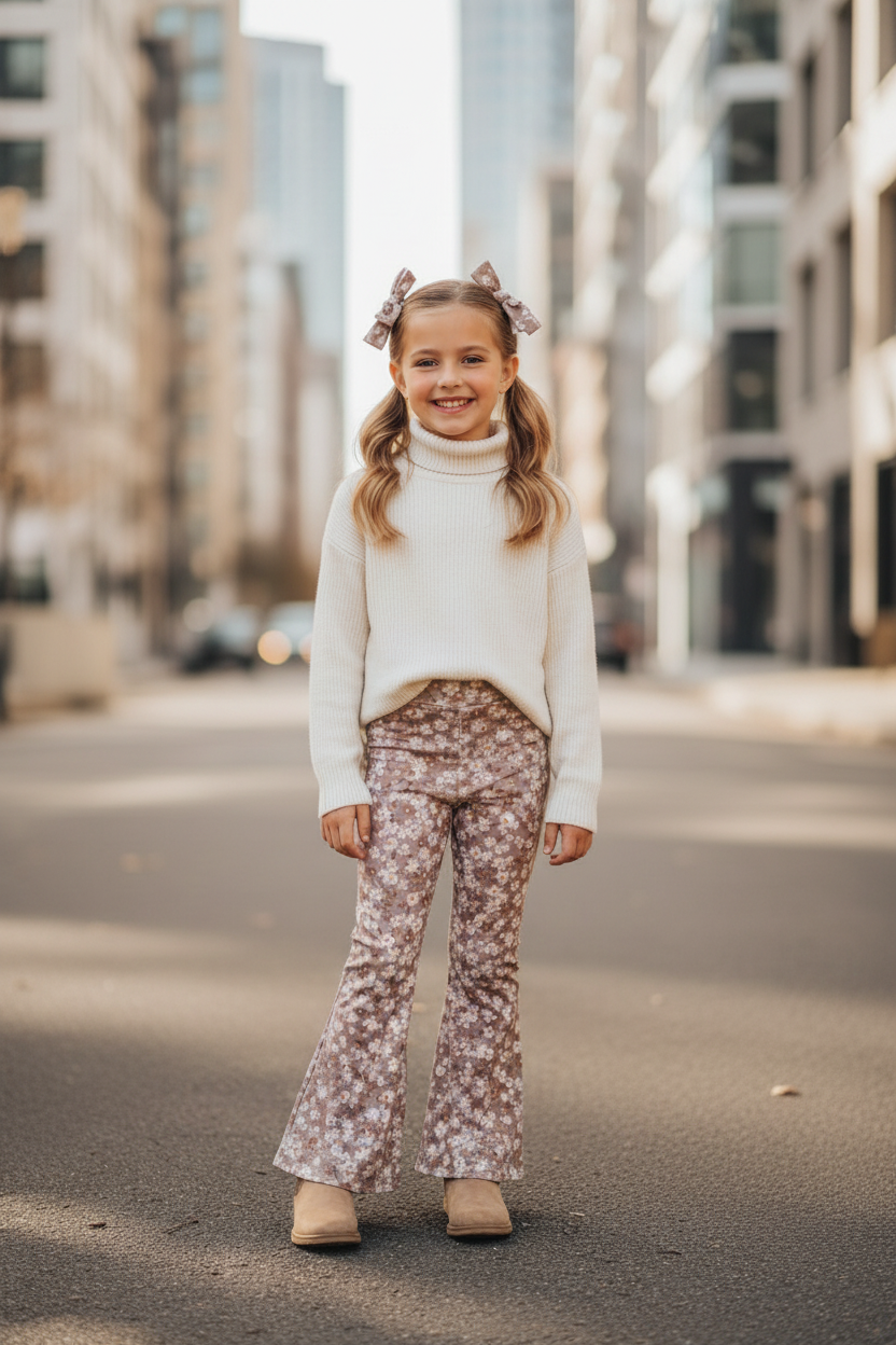Meisjes flared broek taupe met madeliefjesprint - wit shirt - urban straat | DeNa Fashion