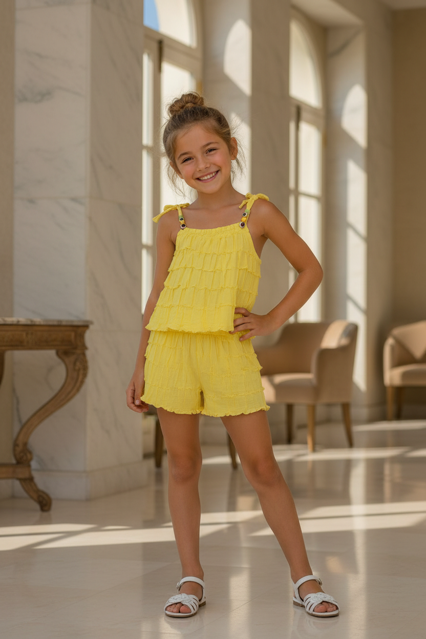 Meisjes gele zomerset met gelaagde ruche top en short met witte sandalen - model 1 - luxe interieur | DeNa Fashion