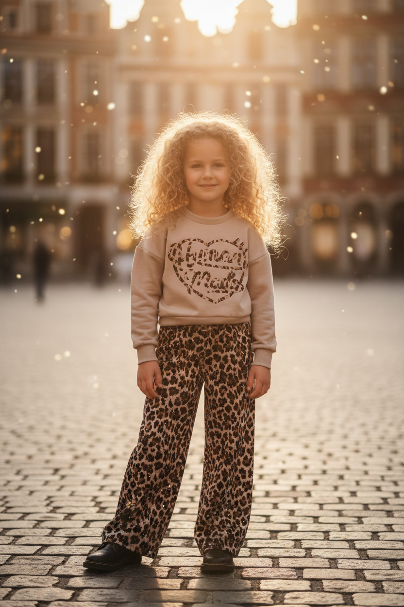 Meisjes set beige Human Made luipaardprint lifestyle blond krullend meisje 6 jaar stadsplein